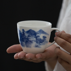 青花陶瓷有耳办公茶杯品茗杯带柄防烫家用功夫茶具水杯早茶牛奶杯