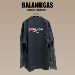 Balaniegas B家秋假两件长袖T恤刺绣可乐宽松男女同款新圆领上衣