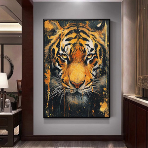老虎画挂画猛虎下山图狮子上山油画办公室壁画玄关客厅虎头装饰画