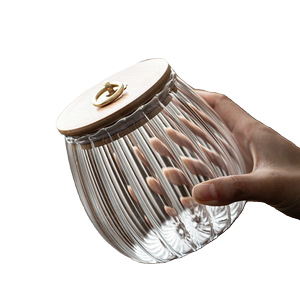 高硼硅玻璃条纹竹木盖茶叶罐密封罐储物罐两只装SQ