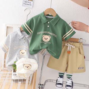 香港潮牌童装男童POLO衫套装夏季新款洋气宝宝短袖两件套小孩卡通