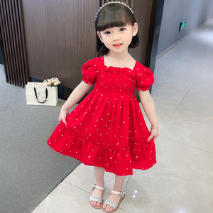 巴拉bala雪纺连衣裙女童夏季薄款红色公主裙新款宝宝儿童短袖裙子