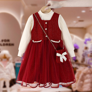 女童连衣裙春秋款洋气小香风背心裙套装红色新年裙子拜年服公主裙
