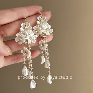 月白樱落 超仙复古珍珠花朵流苏耳环感小众设计气质度假耳夹