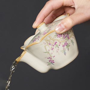 汝窑桃枝秾粉盖碗茶杯单个开片高档手抓壶茶具泡茶壶定制一人茶具