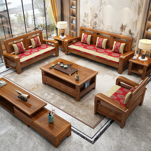 新中式香樟木全实木沙发农村客厅简约小户型冬夏两用家具组合全套