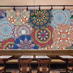 彩色花纹摩洛哥风墙贴纸波西米亚复古民族风壁纸自粘餐厅民宿酒店