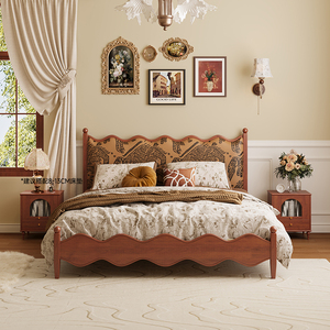 法式复古实木床单双人床主卧室1米8大床印花软包中古风美式家具15