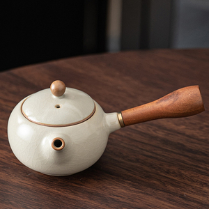 米黄汝窑侧把茶壶泡茶单壶陶瓷功夫茶具汝瓷开片家用泡茶神器单个