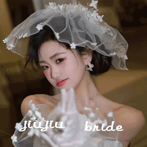 新款仙气白色花朵新娘头饰蕾丝复古花环帽纱婚纱写真拍照遮面头纱