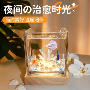 方形发光鱼缸客厅小型底座造景生态玻璃缸创意桌面斗鱼金鱼可用缸