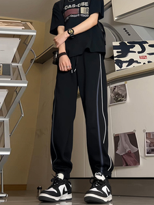黑色条纹织带高个子裤子男夏季美式运动反光条束脚裤休闲抽绳卫裤