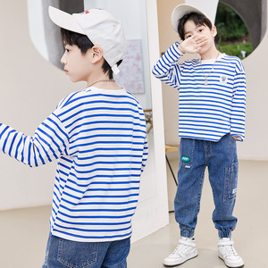 韩版条纹印花儿童长袖t恤全棉圆领男童秋季上衣童装工厂一件