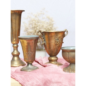 古典高脚杯花器花瓶花盆复古做旧铁艺金属欧式婚礼花瓮拍照摆件