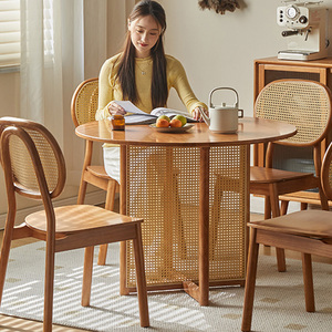 日式实木藤编圆形餐桌椅组合阳台圆桌原木茶桌东南亚风格家具桌子