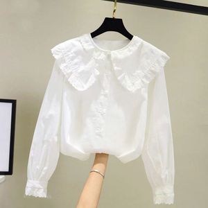 女童春秋衬衫2024新款韩版洋气长袖白衬衫儿童蕾丝娃娃领打底上衣