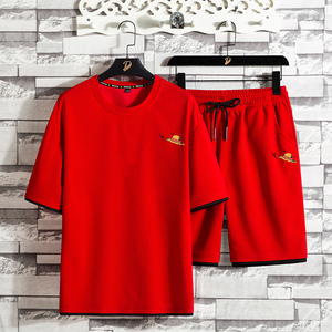 海贼王路飞短袖T恤短裤男一套夏季衣服本命年休闲大红色运动套装