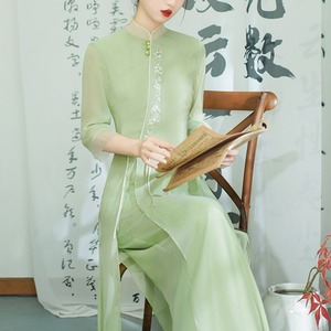 新中式女装国风唐装汉服夏改良奥黛旗袍两件套禅意茶服茶艺师服装