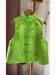 新中式女装柠檬绿色国风盘扣提花上衣2024夏季新款外搭叠穿小马甲