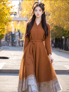 原创设计女装南瓜橙色汉元素毛衣连衣裙春季小香风高级感针织裙子