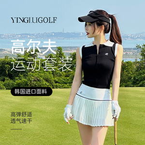 韩国高尔夫球服女套装网球百褶短裙golf运动POLO羽毛球衫无袖上衣