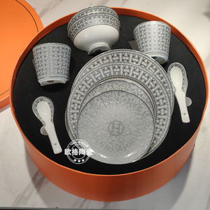 爱马仕适用欧式餐具系列灰色马拉车骨瓷餐具套装2人份10件套碗盘