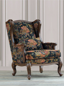 美式复古原木风格小户型客厅休闲椅北欧布艺印花实木单人沙发椅