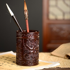 黑檀木雕御天飞龙笔筒工艺品办公室书桌家居客厅木质笔筒摆件送礼