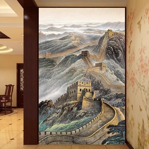 新中式18D长城玄关壁画走廊过道竖版壁纸复式挑高客厅背景墙壁布