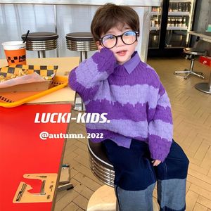 LUCKI KIDS韩国童装秋季新品小童男童紫色条纹毛衣女童时尚针韩系