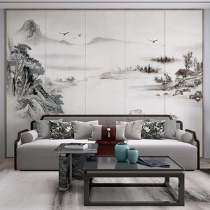新中式刺绣硬包背景墙客厅沙发山水影视墙卧室沙发装饰墙软包定制