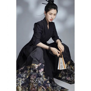 中国风改良日常汉服黑色上衣女秋季古装汉元素印花马面裙两件套装