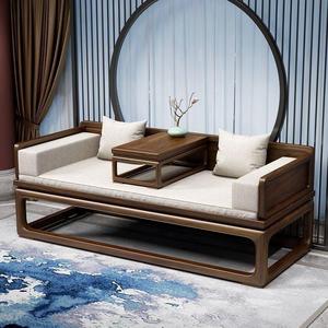 新中式胡桃色罗汉床实木沙发床简约现代推拉沙发床组合小户型睡塌