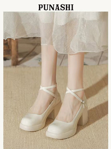 百丽白色法式粗跟玛丽珍小皮鞋子女2023春新款高跟复古仙女单鞋配