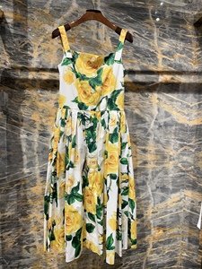 JocHome高端定制进口棉 明星允儿同款黄色花朵连衣裙