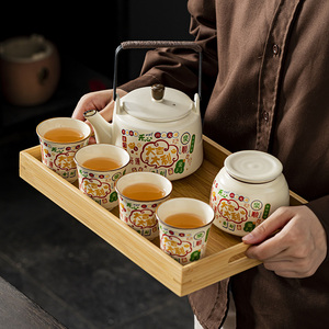 米黄汝窑提梁壶功夫茶具套装陶瓷中式现代简约大号茶壶茶杯带托盘