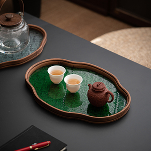 家用茶室水果点心盘收纳茶点盘日式海棠花玻璃茶托盘果盘竹制茶盘