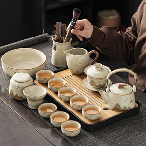 远山汝窑功夫茶具套装家用高档轻奢茶壶盖碗泡茶办公陶瓷茶杯整套