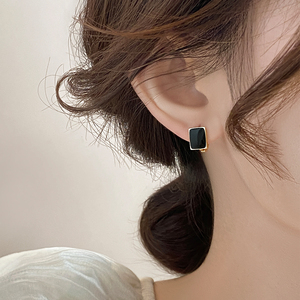 黑色长方形纯银耳环女春夏小众设计耳饰2023年新款爆款高级感耳钉