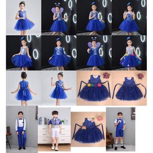六一儿童演出服装长袖女童中小学生合唱团蓝色朗诵表演服蓬蓬纱裙