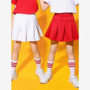 韩系六一儿童啦啦队演出服小学生红色短裙女童白色半身裙百褶裙蓬