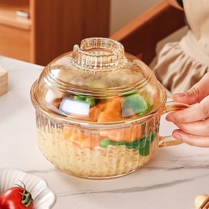带手柄汤碗泡面碗家用带盖拉面碗透明琥珀玻璃碗学生宿舍餐具大碗