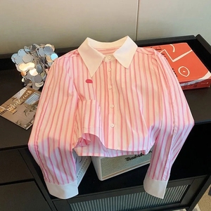 粉色条纹polo领短款衬衫春秋女设计感小众减龄百搭气质长袖衬衣