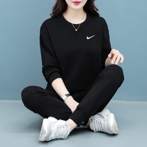 耐克运动服套装女士纯棉大码加绒加厚秋冬季跑步休闲卫衣两件套女