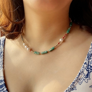 欧美波西米亚风珍珠项链女夏玛瑙绿色半宝石时尚手工锁骨颈链饰品