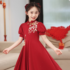 儿童新中式礼服女童公主裙红色小女孩主持人连衣裙古风走秀演出服