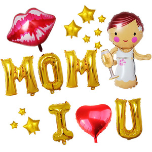 母亲节父亲节装饰气球套装16寸mom dad金色字母气球口红胡子气球