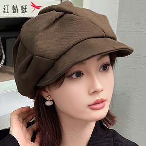 韩系时尚八角贝雷帽蓓蕾帽女新款秋冬白色显脸小黑色毛呢帽子帽檐