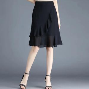 黑色雪纺短裙半身裙女夏季2024新款裙子高腰显瘦a字鱼尾裙包臀裙.