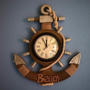 地中海风格复古做旧船锚挂钟家用装饰品挂件木质船舵创意静音钟表